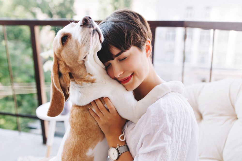 close-up-portrait-pleased-woman-with-short-brown-hair-embracing-funny-beagle-dog-with-eyes-closed